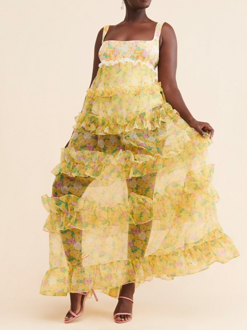 For Love & Lemons Vikki Maxi Dress Yellow Floral Tiered Ruffle 1X